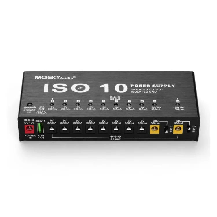 MOSKYAudio ISO-10 Portable Guitar Effect Power Supply Station 10 Isolated DC Outputs & One 5V USB Output for 9V 12V 18V Guitar