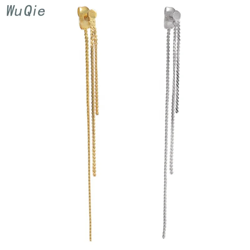 Wuqie Korean Earrings 925 Silver Jewelry Gold Plated Long Flat Bead Earline Tassel Earrings for Women