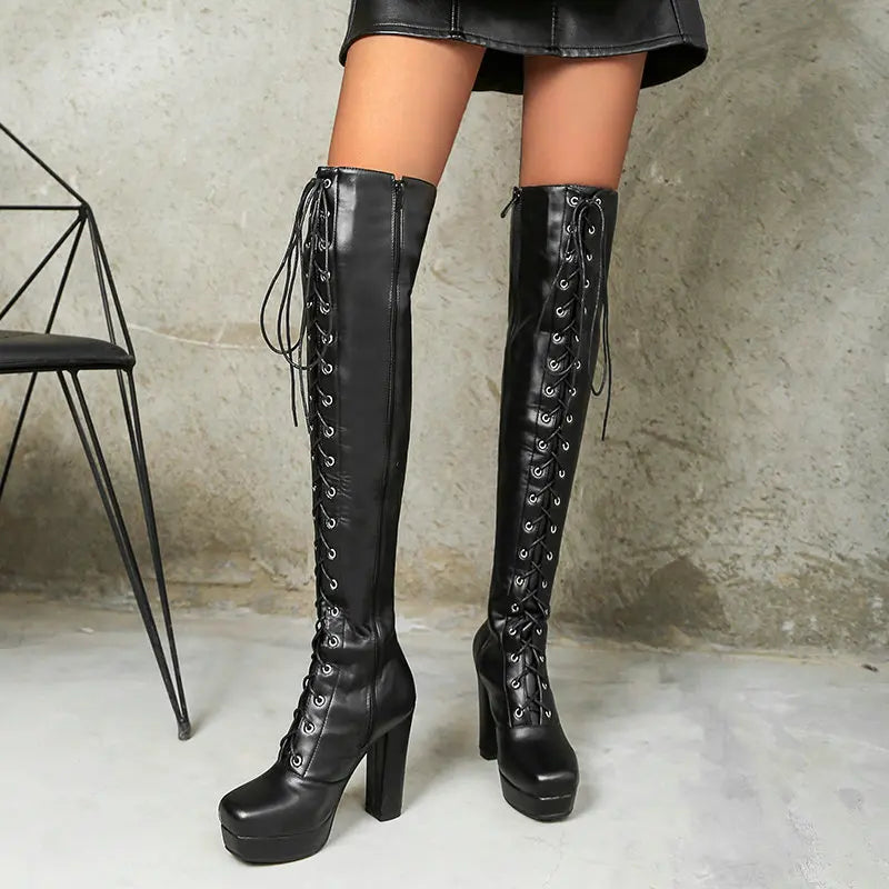 Factory Whole Sale Price Cross-Border Thigh High Boots Women Shoes Round Toe Shoes for Women Elastic High Heels Women's Shoes
