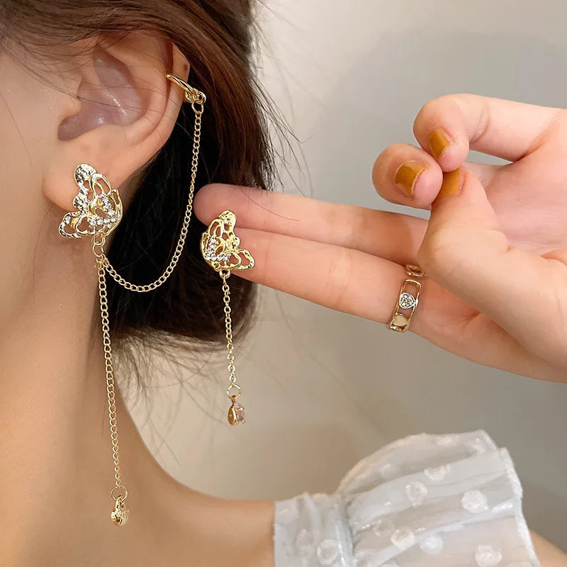 Wholesale Full Crystal Full Rhinestone Earrings Silver Needle Asymmetric Diamond Butterfly Long Tassel Stud Earrings for Women