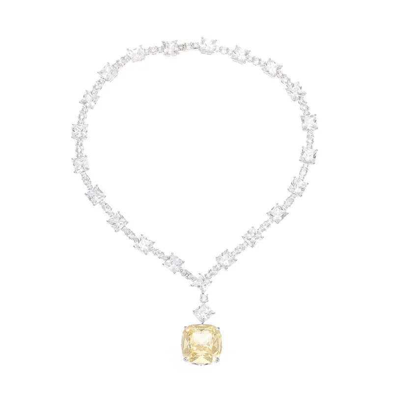 Luxury Yellow Zirconia Diamond Necklace Rhodium Plated Lady Evening Wear 20mm Big square Yellow Diamond Necklace
