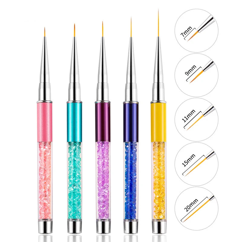 Set 5 Metal Crystal Rhinestone Acrylic UV Gel Tip Nail Art Liner Fin Brushes for Painting Drawing Carving Manicure Tools Nylon