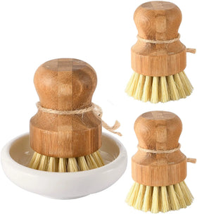 Palm Pot Brush Natural Scrub Brush Durable Scrubber Cleaning Kit Bamboo Round Mini Dish Brush With Ceramic Holder Dish Rack