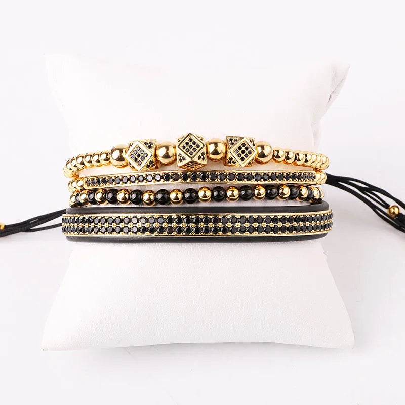New Design Luxury Black CZ Pave Charm Stainless Steel Bead Men Jewelry Macrame Custom Bracelet Bangle Set JBS11456