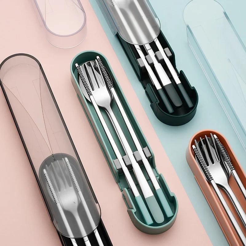 Portable Cutlery 304 Stainless Steel Korean 3pcs Set Fork Chopsticks Spoon Student Outdoor Travel Tableware Set Silverware