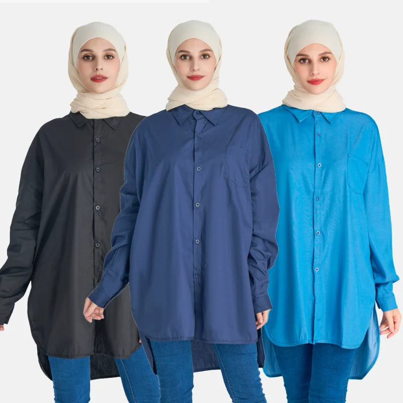 Wholesale 5XL Plus Size Dubai Abaya Muslim Women Dress Tinic Top Long Sleeve Casual Polyester Cotton Modest Shirt Muslim Blouses