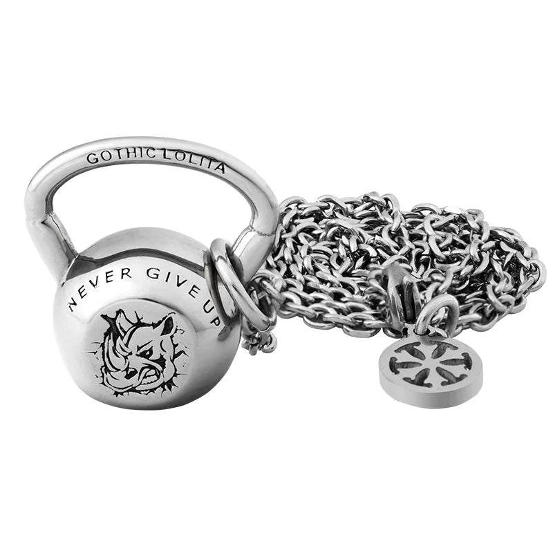 Simple Design Punk Jewelry 316L Stainless Steel Kettlebell Pendant Fitness for Men and Women Rhino Head Logo Necklace MegaBDM