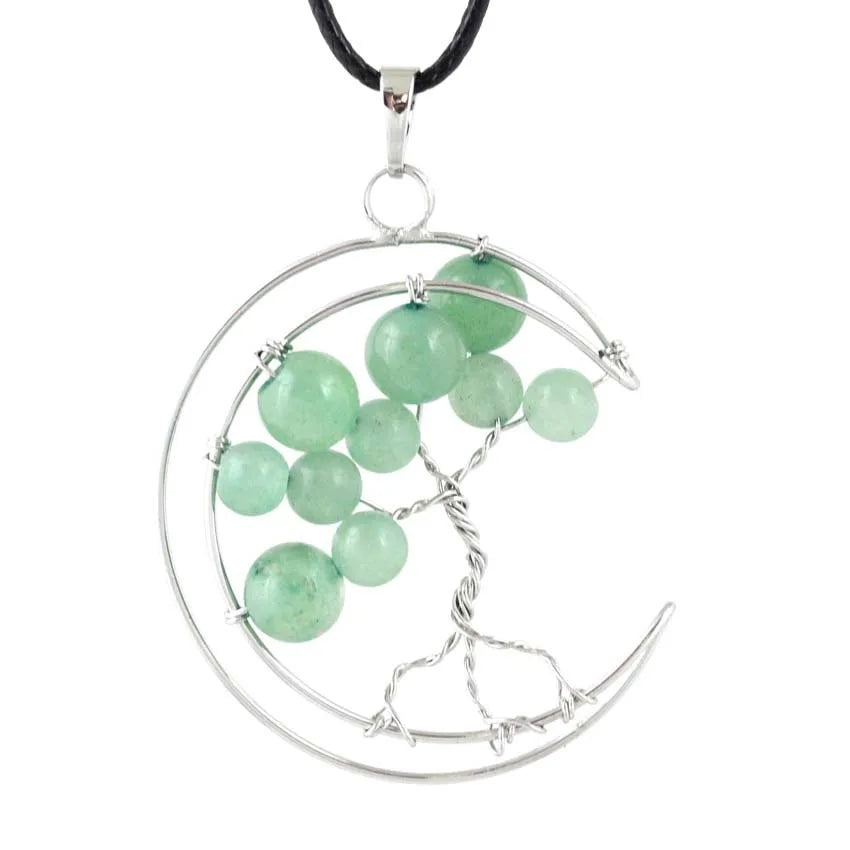 HZ Wire Wrapped Tree of Life Green Aventurine Stones Round Shaped Drop Hoop Pendant for Gifts Healing Crystals Jewelry