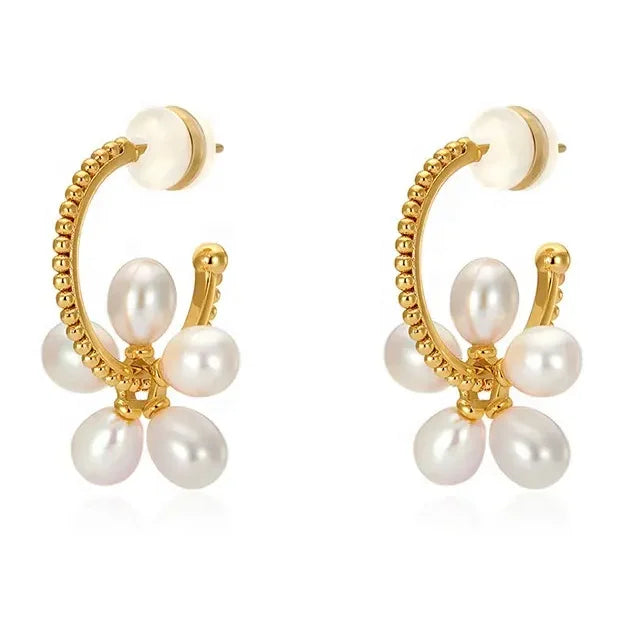 Light Luxury Premium Brass 18k Gold Plated Hoop Flower Pearl Earrings Women's Jewelry Custom Gifts