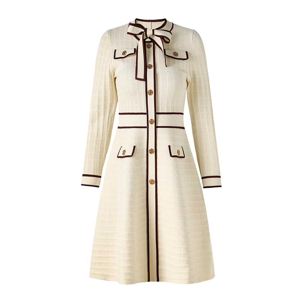 Elegant Tweed-Style Knitted Midi Dress | Wholesale Autumn Winter 2025 Long-sleeved Contrast Cuff Button-down Knitwear OEM/ODM