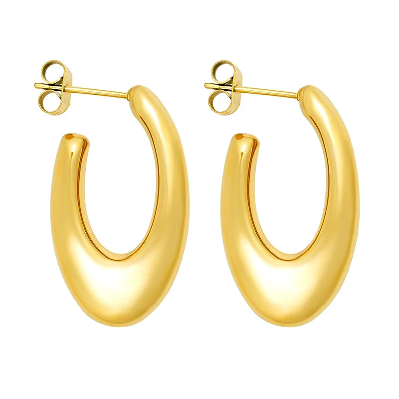 French Style Statement Hoop Earrings 18K Gold Plated Stainless Steel Oval U-shaped Geometric Waterproof Earrings