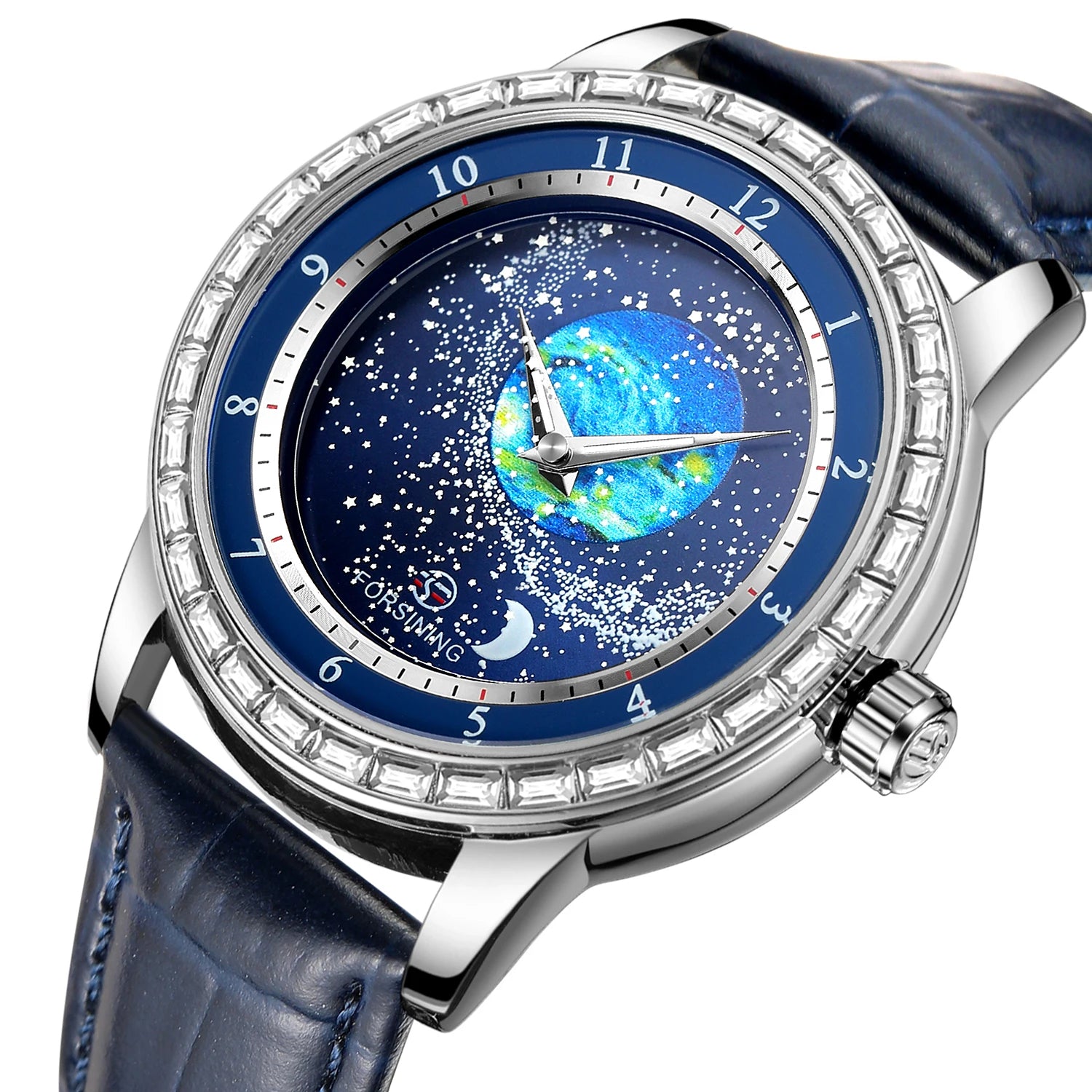 Forsining 8281 Special  Women Mechanism Watch Genuine Leather Strap Waterproofing Stars Moon Character Leisure Wrist Watch