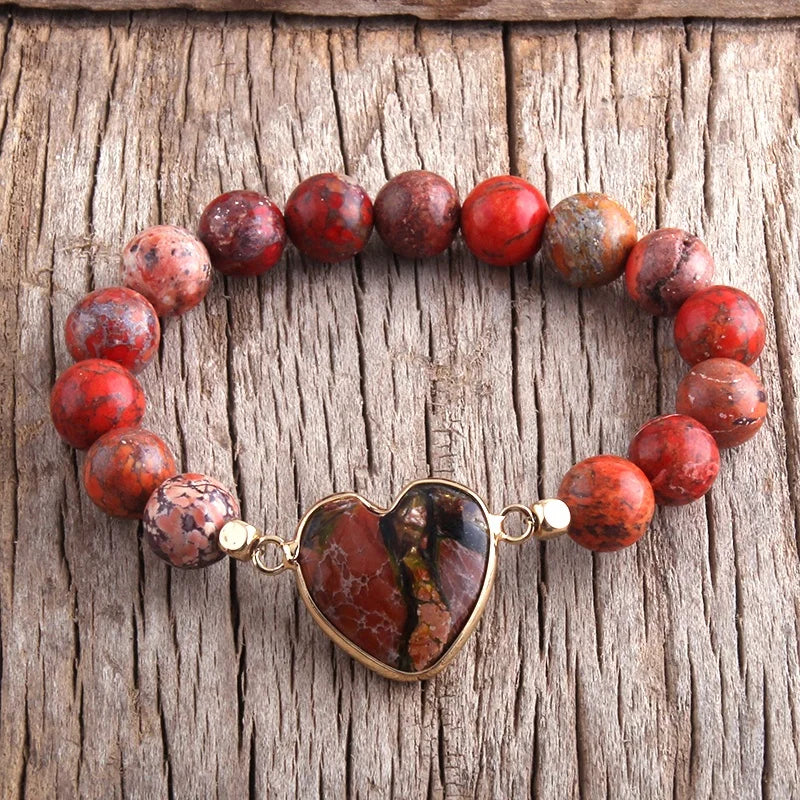 Fashion Women Personalized Bohemia Jewelry 10mm Elastic Natural Gemstone Beads Amazonite Stretch Heart Charm Bracelet