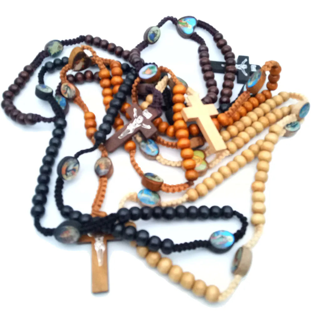 Islamic Muslim Catholic  Wholesale Cheap 7*8mm Wooden Weaving  Rosary Beads  Necklace
