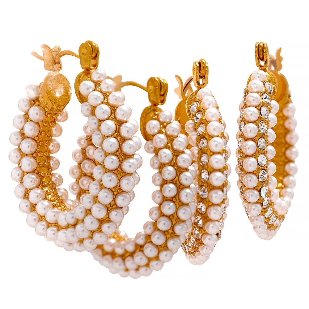 JINYOU 150 Stainless Steel Imitation Pearl Huggie Earrings Waterproof Jewelry 18k Gold Plated Hoop Aretes for Women Waterproof