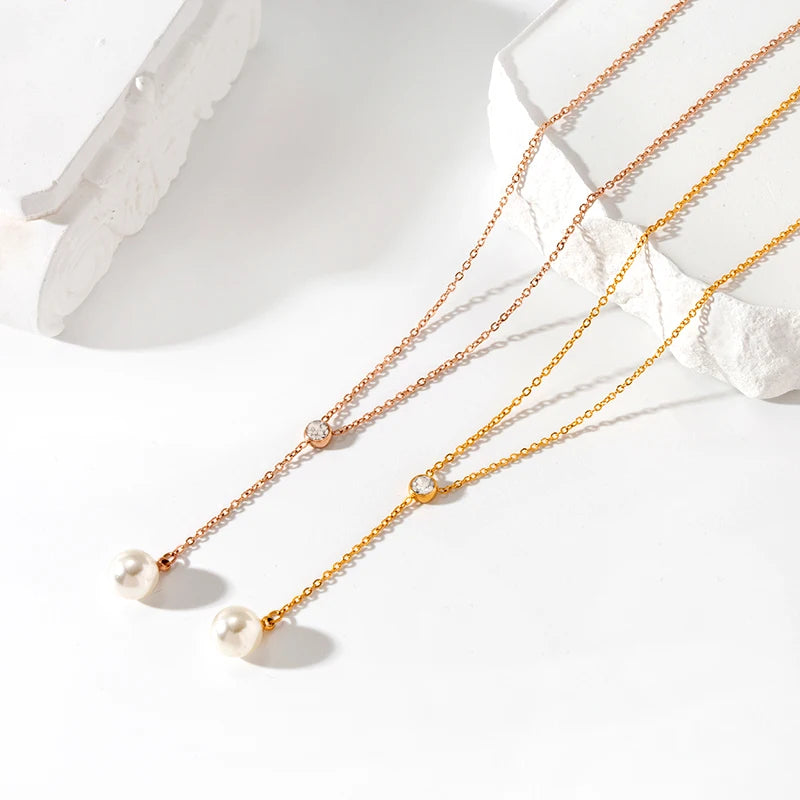Vintage 18K Gold Plated Stainless Steel Pearl Zirconia Tassel Necklace Waterproof Jewelry Gift for Women for Parties