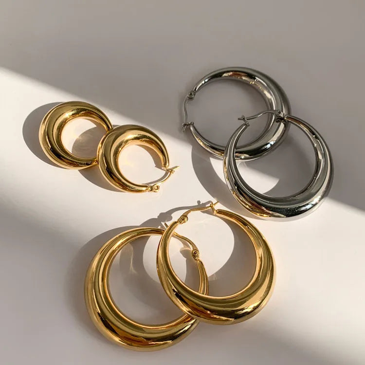Geometric Hollow Crescent Stainless Steel 18K Gold Hoop Earrings for Women