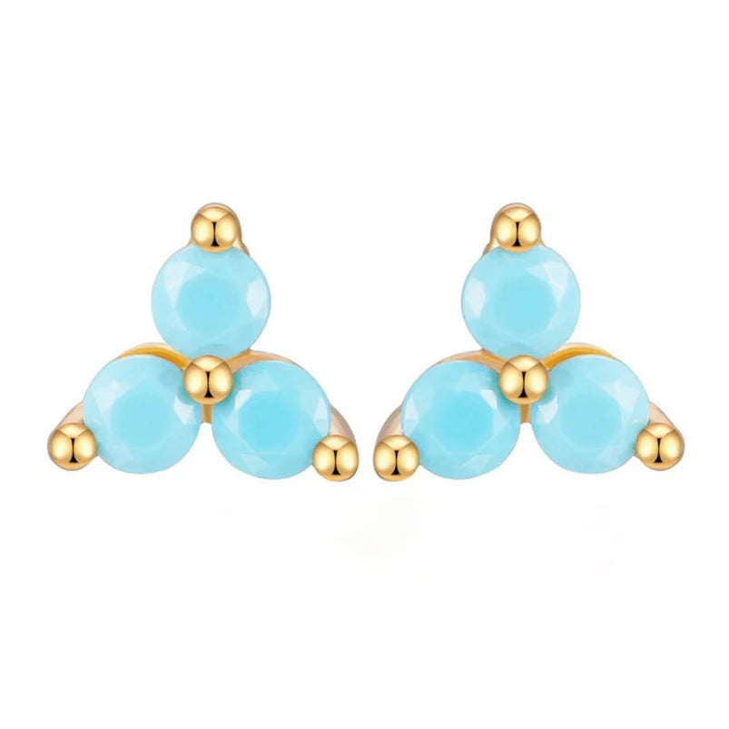 Gemnel Classic 925 Silver 14k Gold Trio 2mm Turquoise Stud Gold Women Earrings