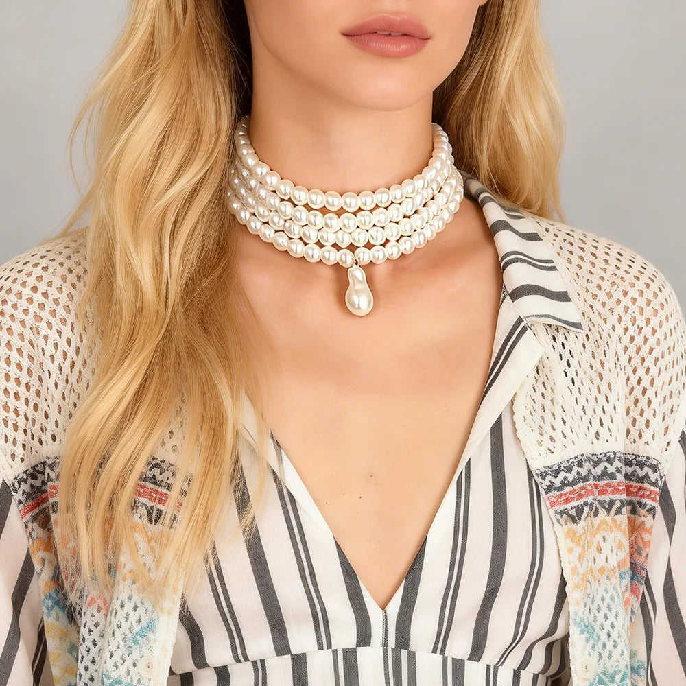 Layered Round Pearl Beaded Chain with Pendant Choker Necklace for Women Fashion Beaded Collar on Neck Accessories Trendy Jewelry