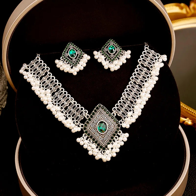 Trendy Vintage Gypsy Afghan Pearl Tassel Choker Necklace for Women Rhinestone Ethnic Tribal Turkish Indian Jewelry