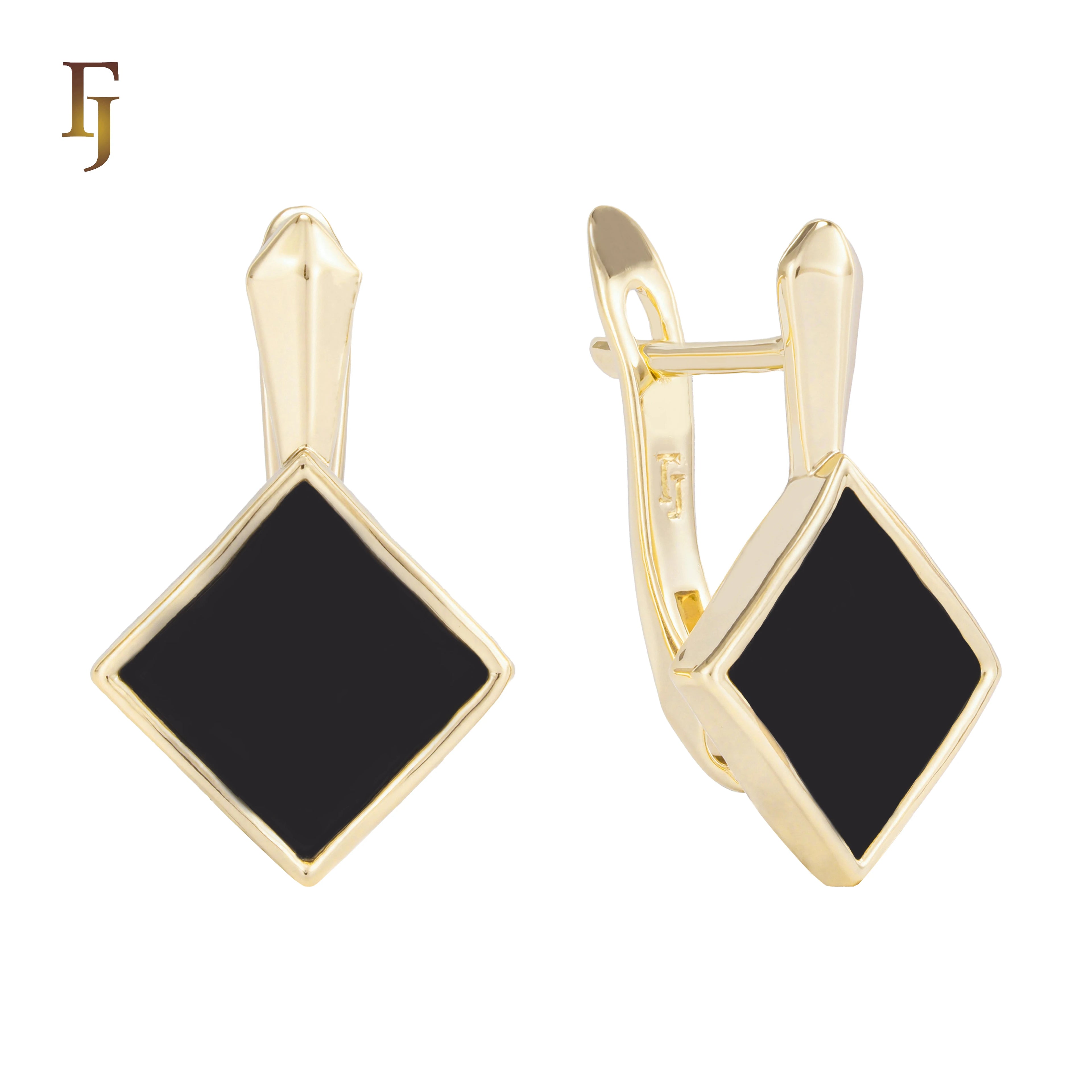 FJ Fallon Fashion Jewelry Black Rhombus Earrings Plated in 14K Gold Brass Based