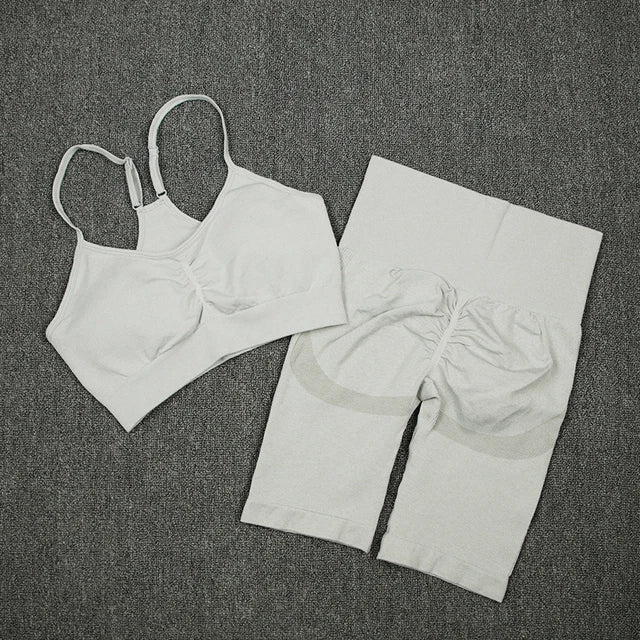 2Pcs Women Sport Suit Gym Set Sexy Bra Seamless Running Clothing Gym Wear Athletic Scrunch Butt Yoga Shorts Set