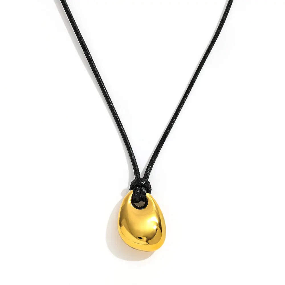 Joolim 18K Gold Plated High Polished Irregular Water Drop Pendant Black Leather Cord Adjustable Stainless Steel Necklace