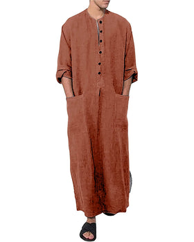 Men's Summer Long Sleeve Robe Button-Up Side Split Kaftan Thobe with Pockets Casual Shirt Long Gown in Silk Fabric Plus Size