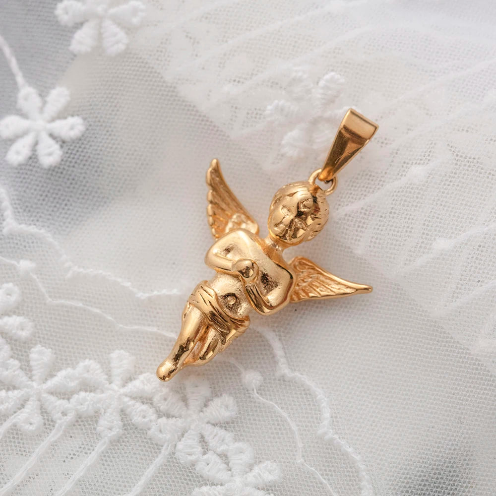 Fashion Angel Jewelry Solid 18K Gold Plated Cute Angel Wing Pendant Pray Cupid Angel Charm Pendant