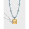 Natural Aquamarine Beaded Necklace with S925 Sterling Silver Square Flower Pendant  for Women Gifts