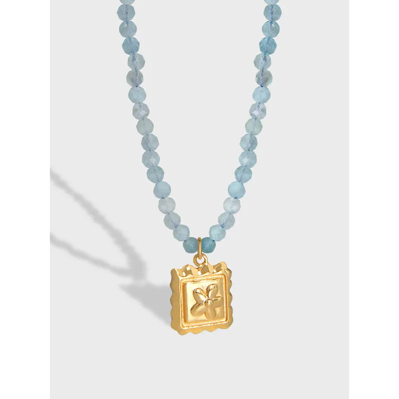 Natural Aquamarine Beaded Necklace with S925 Sterling Silver Square Flower Pendant  for Women Gifts
