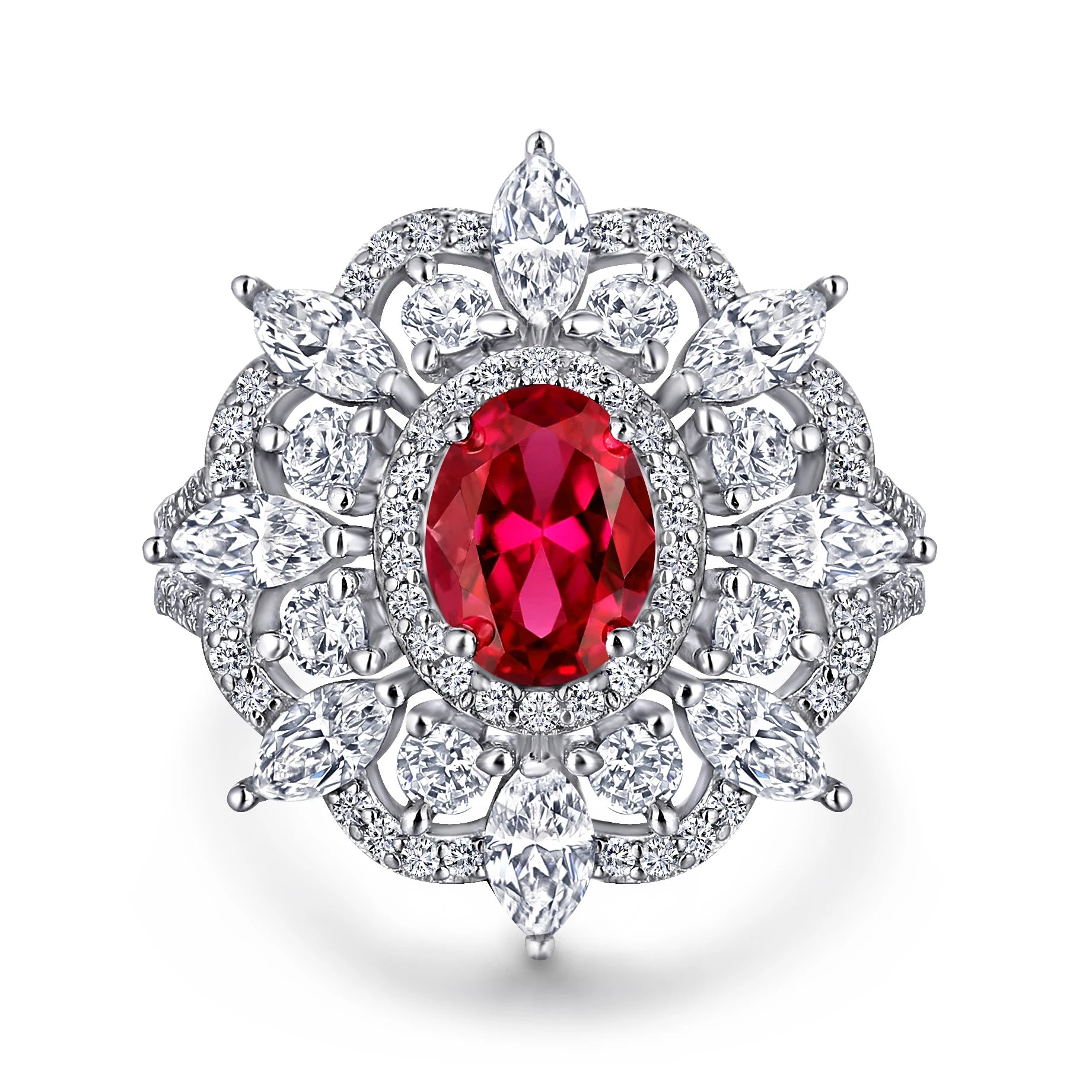 Platinum Plating Sterling Silver Stone Ring Elegant Oval Shape Lab Grown Ruby Wedding and Party Jewelry