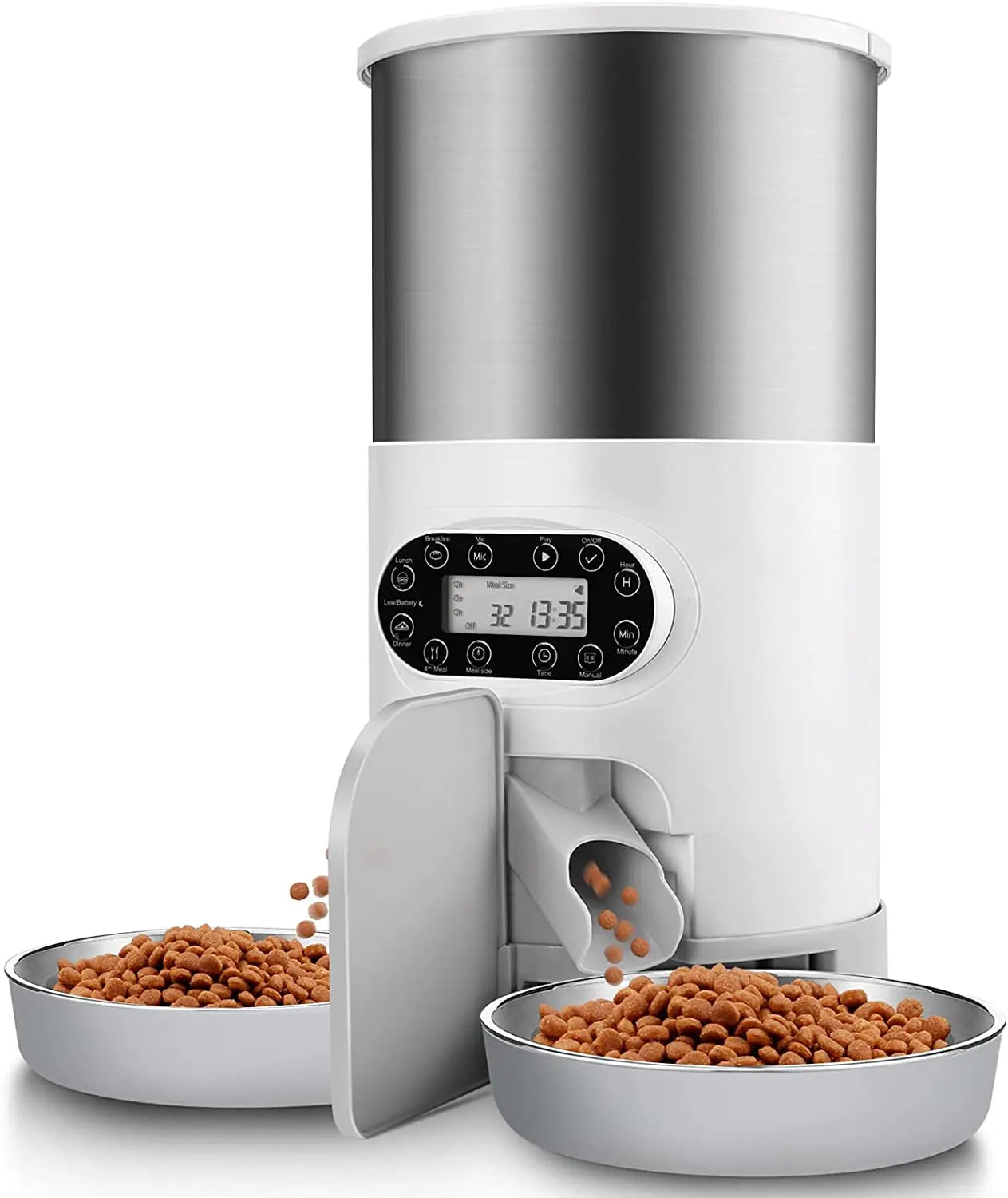 Automatic Pet Feeder Food Dispenser for Cat & Small Dog with Two-Way Splitter and Double Bowls