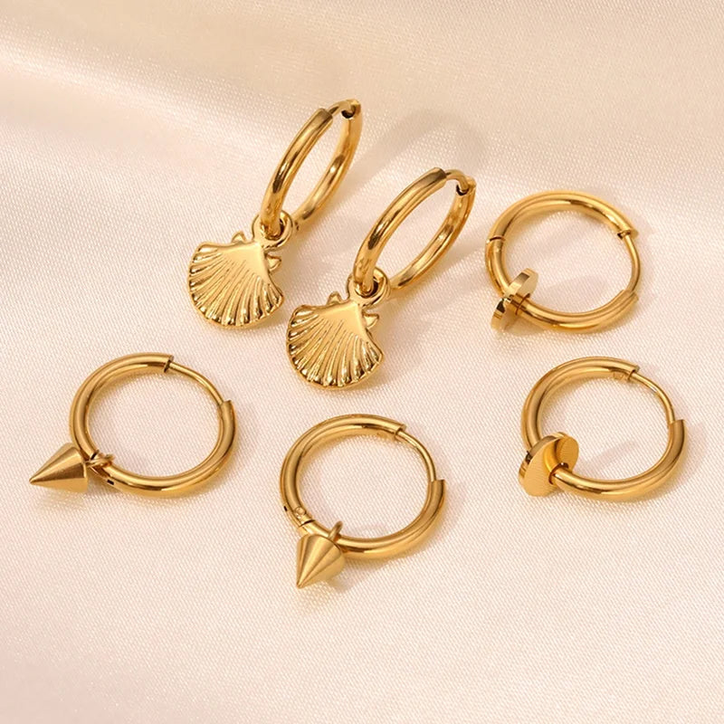 Marine Style Holiday Travel Jewelry Stainless Steel Plated 18K Gold Coconut Cowrie Shell Scallop Hoop Earrings