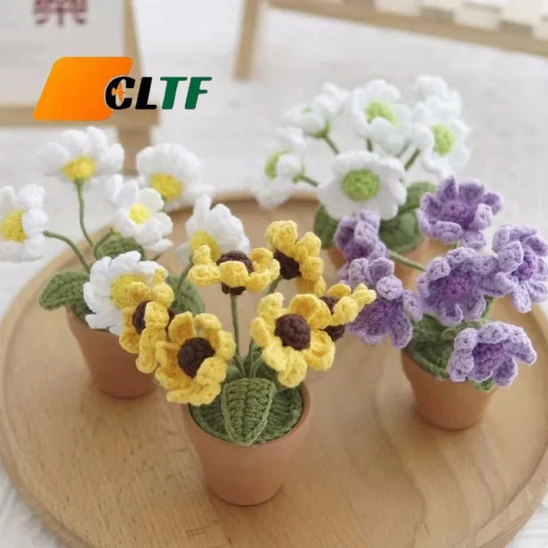Handmade Knitted Flowers Crochet Daisy Artificial Flowers Pot Home Office Decoration Ornaments Crochet Flowers Daisy
