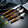 Reusable Bamboo Handle Cutlery Set Stainless Steel Silverware Set Flatware Spoons and Fork Stainless