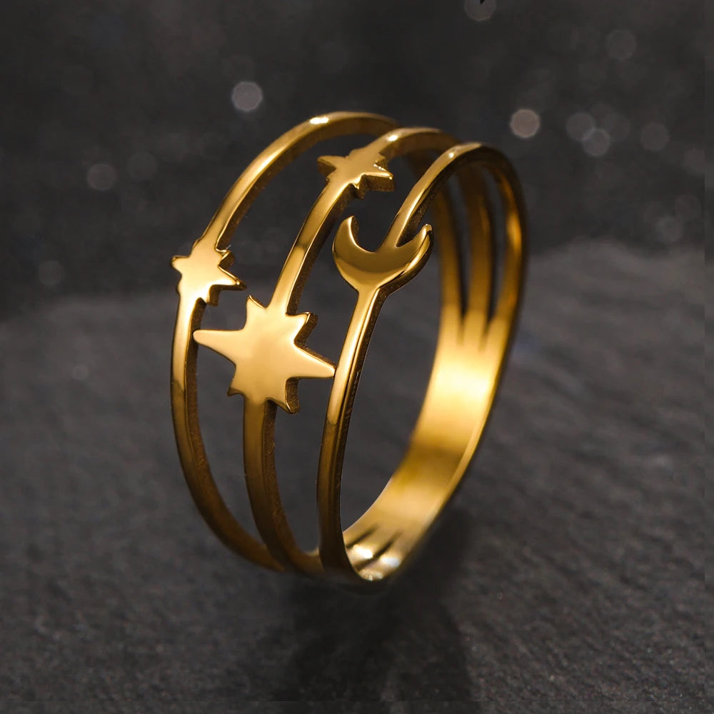 Ivanda Unique Designer Custom Cast 18k Gold Plated Stainless Steel Unisex Trendy Celestial Ring David Star Triple Moon Rings