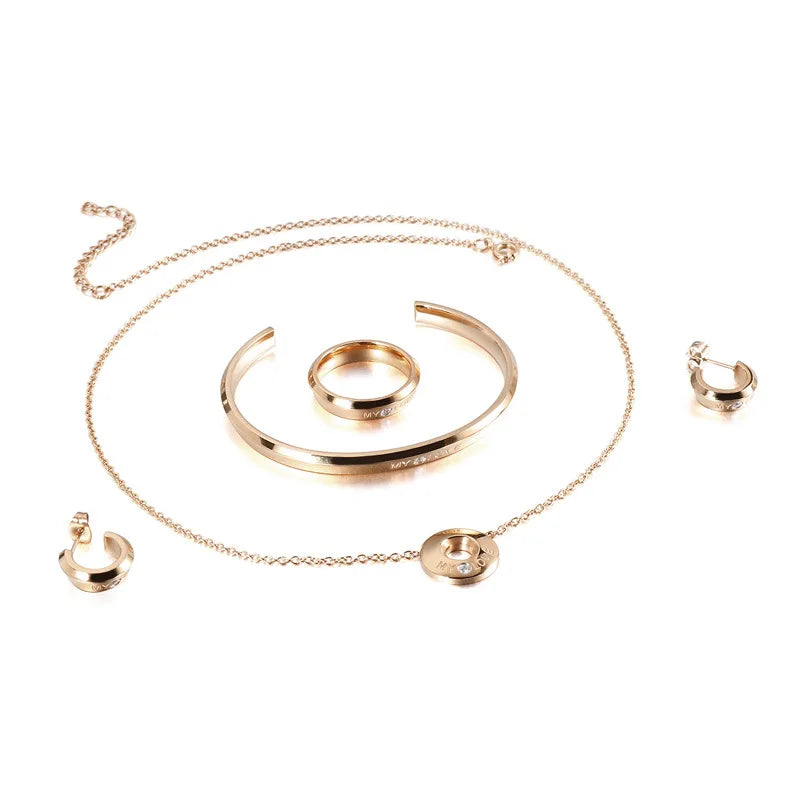 Fashion Stainless Steel Jewelry Engraved My Love Inlaid Zircon Necklace Bracelet Ring Bracelet Jewelry Set