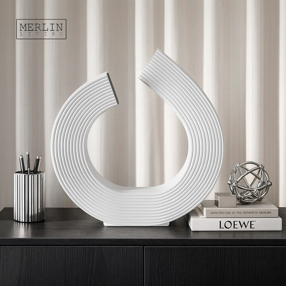 Merlin Living Nordic Round Desktop Art Ornament Stripe Pattern Matte Race Track Shape Minimalist Modern Ceramic for Home Decor