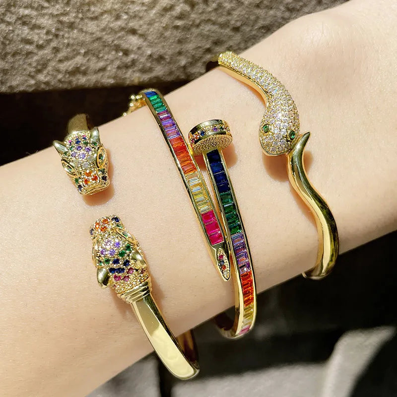Fashion 18K Gold Plated  Colorful Shining Luxury Pave Zirconia Stone Snake Head Cuff Bangle Bracelet Jewelry for Women Jewelry