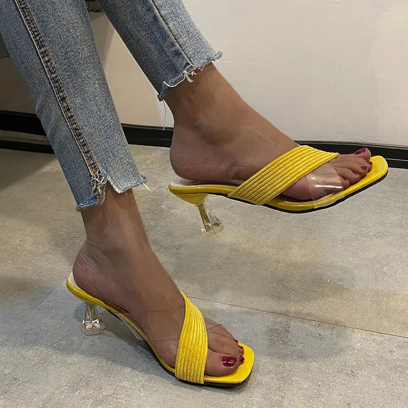 New Women Square Crystal Heel Slippers Outdoor Beach Transparent Cross Strap Slippers for Women