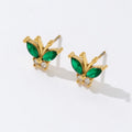 Luxury Fashion Small Green White Zircon Waterproof 18k Gold Stainless Steel Butterfly Stud Earrings