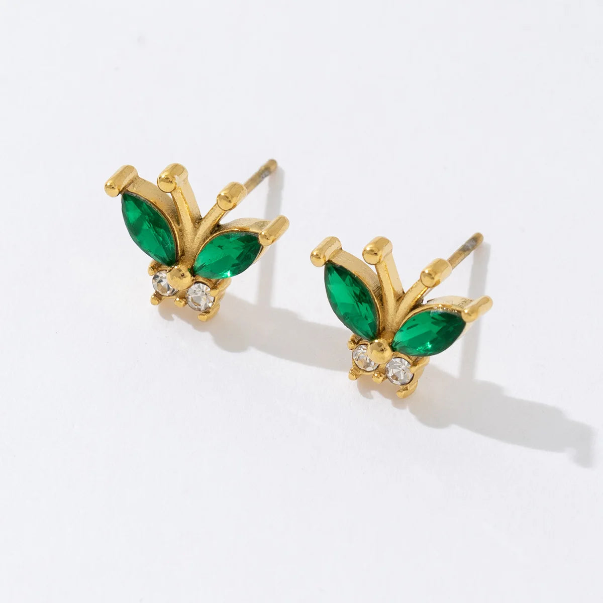 Luxury Fashion Small Green White Zircon Waterproof 18k Gold Stainless Steel Butterfly Stud Earrings