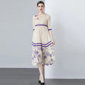 Miyake Women's Floral Printed Autumn Ruched Knee-Length Bohemian Chiffon Dress Fashion Pleated Long Bat Sleeve Loose Fabric