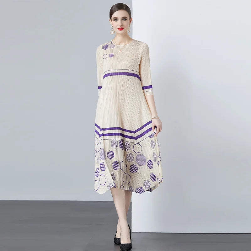 Miyake Women's Floral Printed Autumn Ruched Knee-Length Bohemian Chiffon Dress Fashion Pleated Long Bat Sleeve Loose Fabric