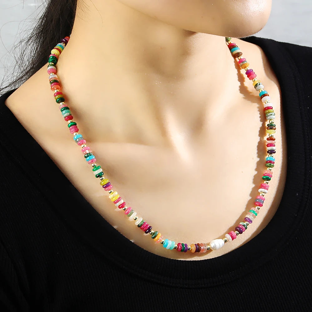 JH Wholesale Women Vintage Candy Jewelry Gold Hematite Flat Abacus Natural Gemstone Baroque Freshwater Pearl Choker Necklace