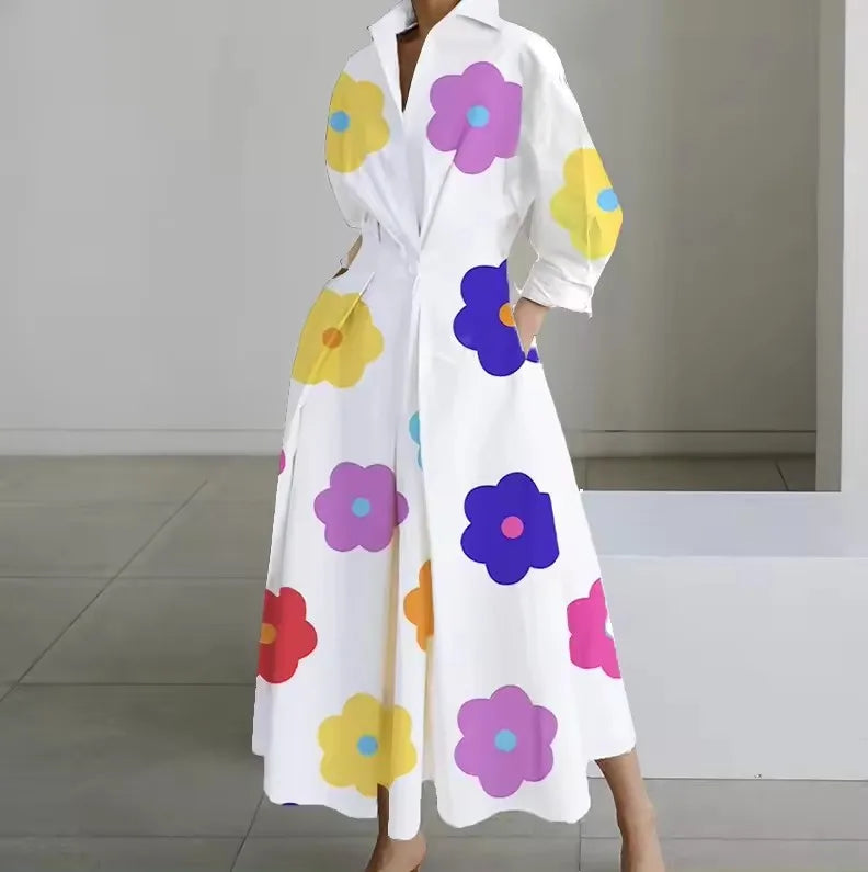 S-2XL Long Sleeve Dot Print Elegant Maxi Dresses for Women 2025 White Casual V Neck Shirt Party Long Dress Robe Femme