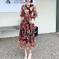 Elegant Women's Dress Spring Women's Vintage Mesh Wood Ear Embroidery Long Sleeve Large Swing Round Neck Dress