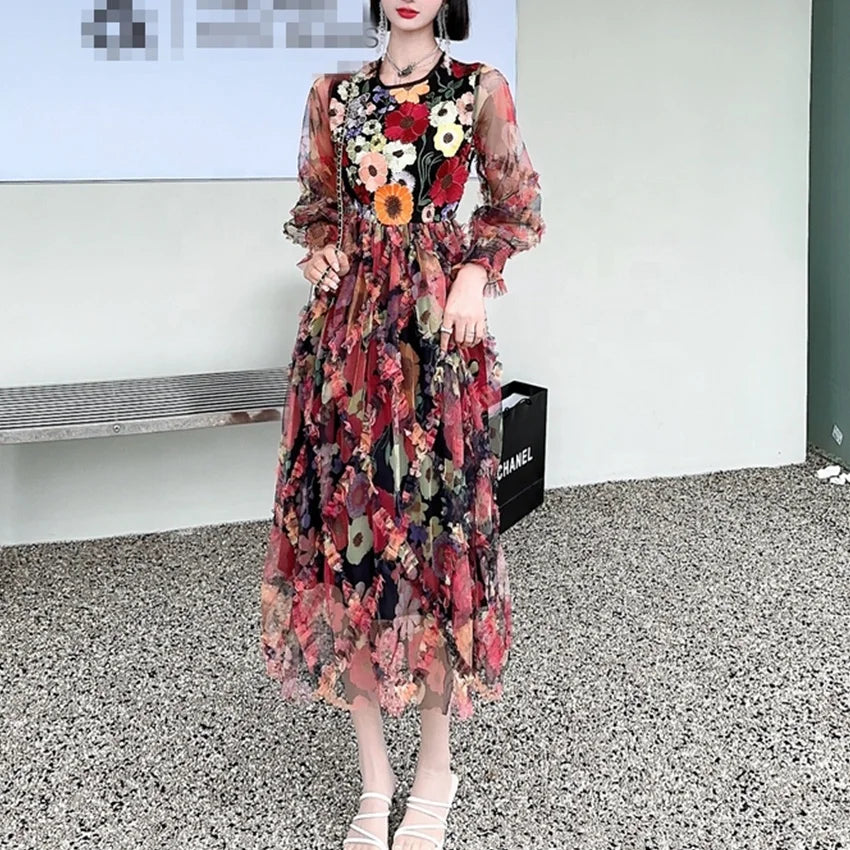 Elegant Women's Dress Spring Women's Vintage Mesh Wood Ear Embroidery Long Sleeve Large Swing Round Neck Dress