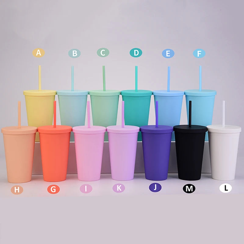 16oz Candy-Colored Minimalist Matte Double-Walled Plastic Straw Tumbler Customizable Portable Drinking Cup with 450ml Capacity